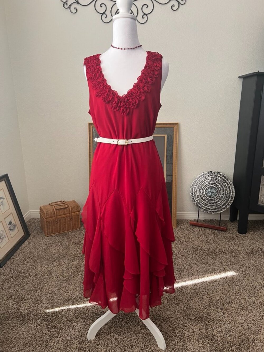 Dressbarn Collection Red Ruffle Tiered Midi Dress Size 14 Belted